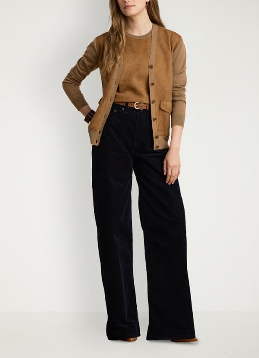 Ralph Lauren High waist wide leg jeans van corduroy - voorkant 2 lauren navy / blauw