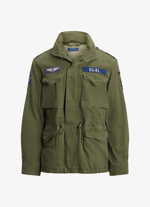 Ralph Lauren Jack met opbergbare capuchon en klepzakken - voorkant olive mountain w/ patches / groen