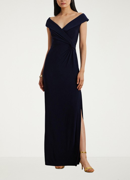 Ralph Lauren Jersey off-shoulder jurk - voorkant 4 lighthouse navy / donkerblauw