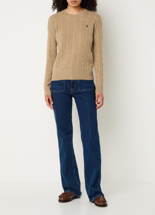 Ralph Lauren Julianna kabelgebreide pullover in kasjmieblend met logoborduring - voorkant 2 camel