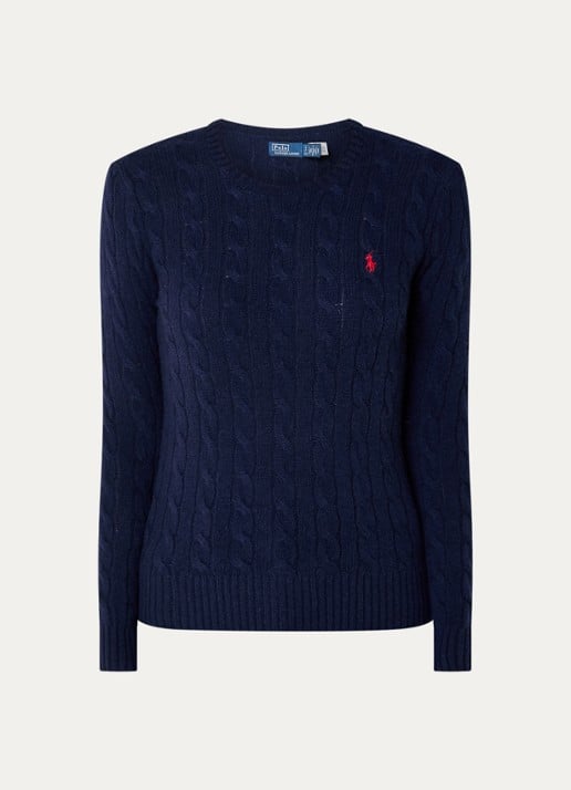 Ralph Lauren Julianna kabelgebreide trui in kasjmierblend met logoborduring - voorkant donkerblauw