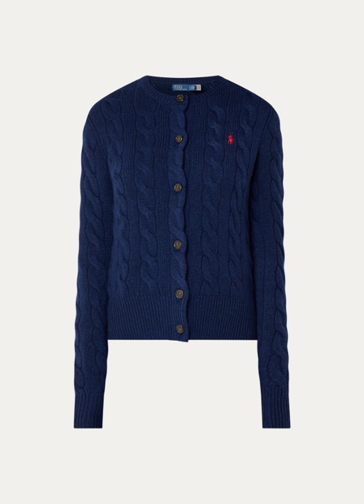Ralph Lauren Kabelgebreid vest in kasjmier wolblend met logoborduring - voorkant donkerblauw
