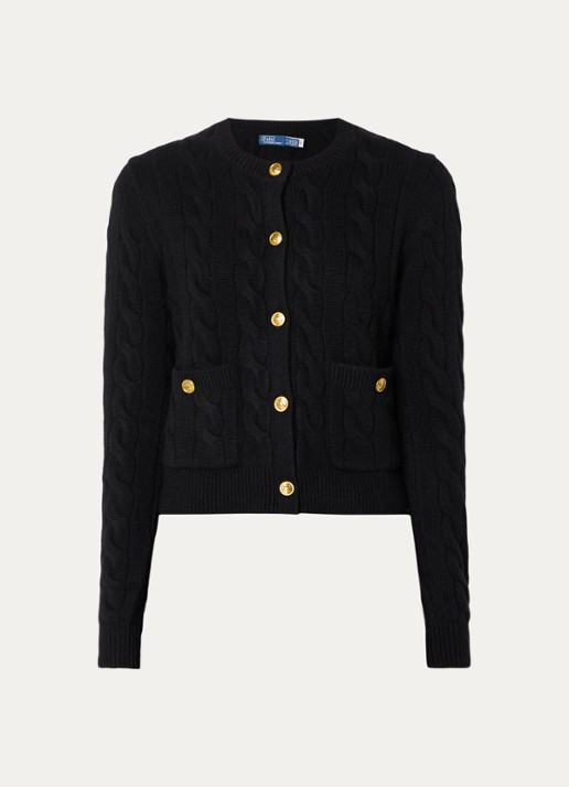Ralph Lauren Kabelgebreid vest in kasjmier wolblend met opgestikte zakken - voorkant zwart