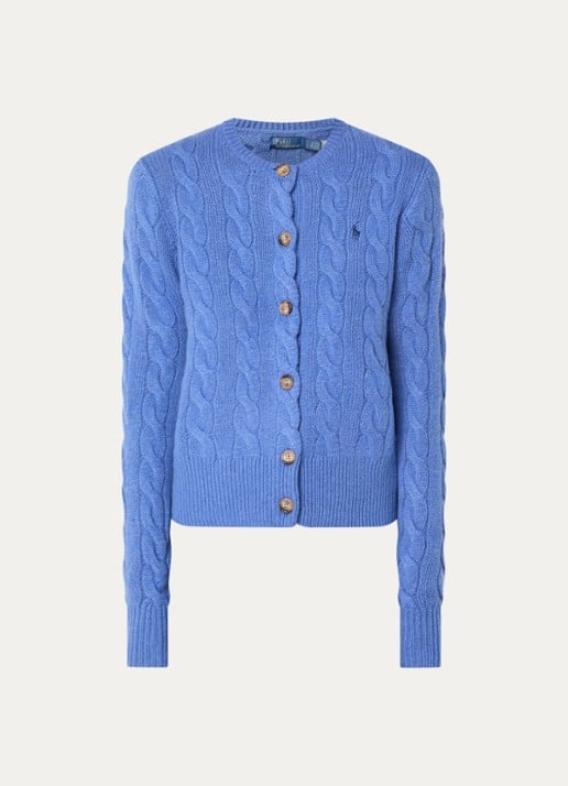 Ralph Lauren Kabelgebreid vest in kasjmierblend met logoborduring - voorkant blauw