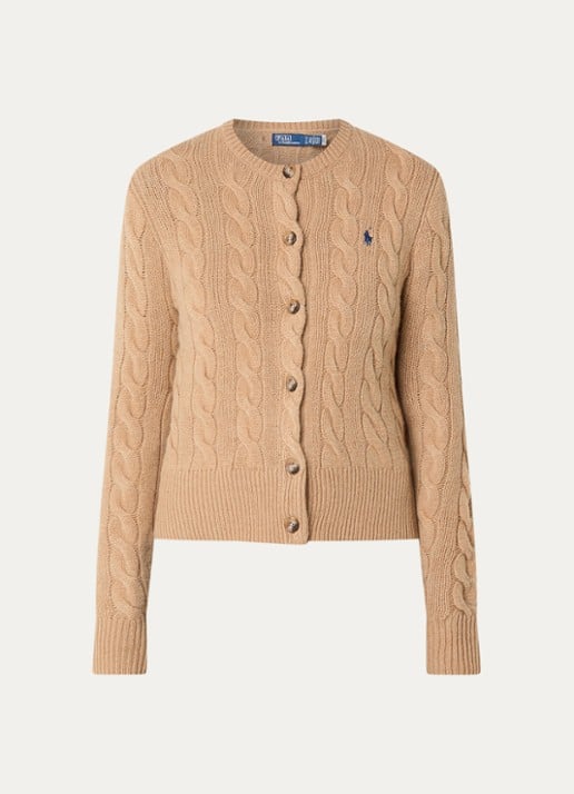 Ralph Lauren Kabelgebreid vest in kasjmierblend - voorkant camel