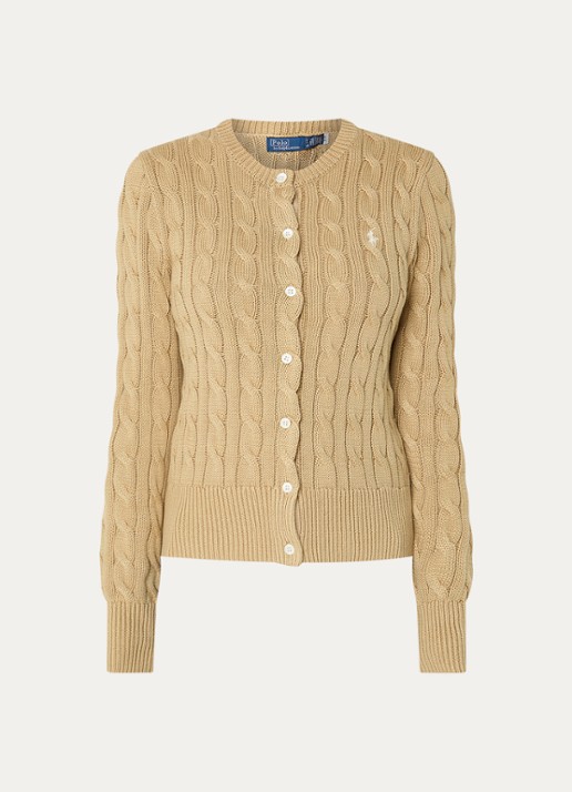 Ralph Lauren Kabelgebreid vest met logoborduring - voorkant 3 camel