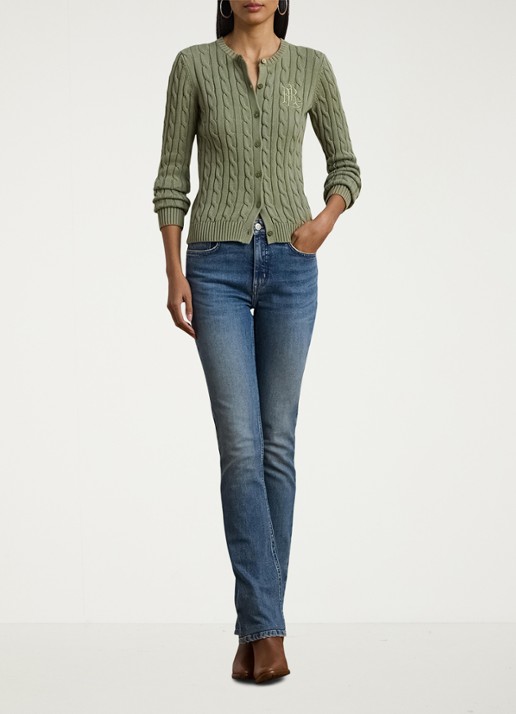 Ralph Lauren Kabelgebreid vest met logoborduring - voorkant 2 sage green / groen