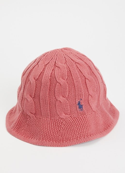 Ralph Lauren Kabelgebreide bucket hoed met logoborduring  - voorkant koraal