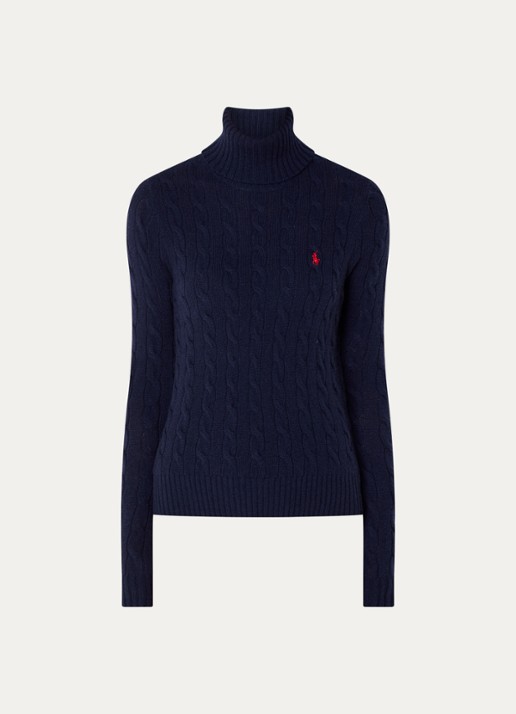 Ralph Lauren Kabelgebreide coltrui in kasjmierblend met logoborduring - voorkant 3 hunter navy / donkerblauw