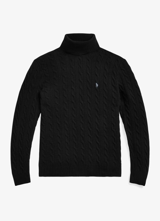 Ralph Lauren Kabelgebreide coltrui in kasjmierblend - voorkant 2 polo black / zwart