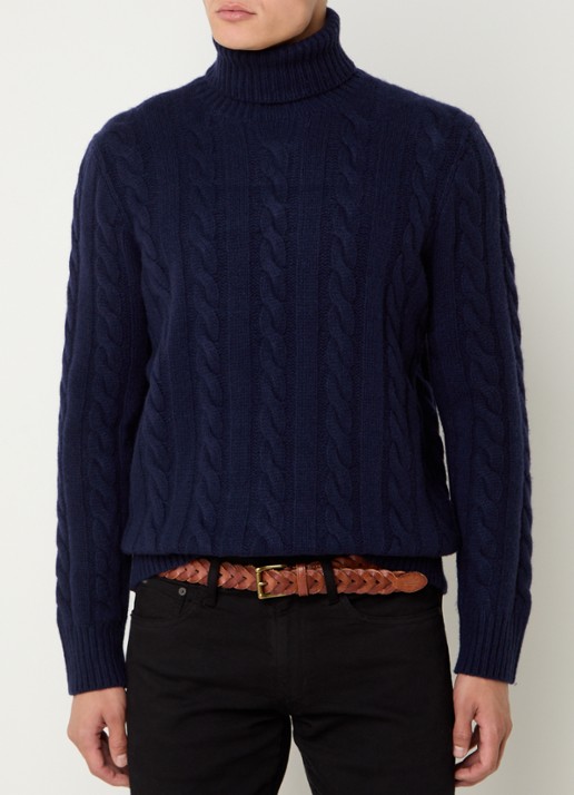 Ralph Lauren Kabelgebreide coltrui in kasjmierblend - detail donkerblauw