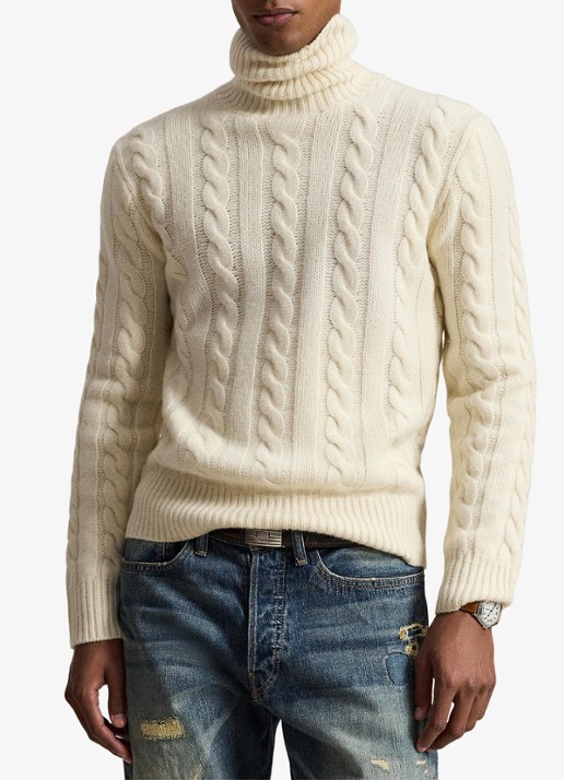 Ralph Lauren Kabelgebreide coltrui in kasjmierblend - detail andover cream / creme