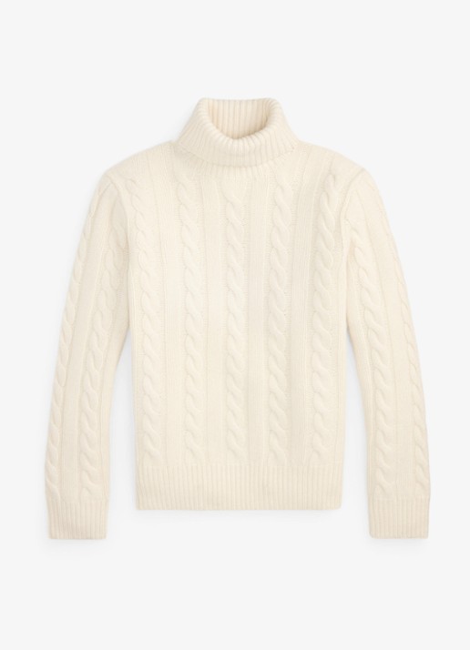 Ralph Lauren Kabelgebreide coltrui in kasjmierblend - voorkant 2 andover cream / creme
