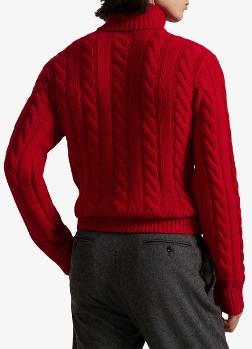 Ralph Lauren Kabelgebreide coltrui in kasjmierblend - achterkant 3 park ave red / rood