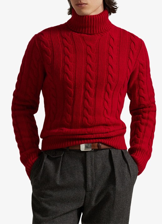 Ralph Lauren Kabelgebreide coltrui in kasjmierblend - detail park ave red / rood
