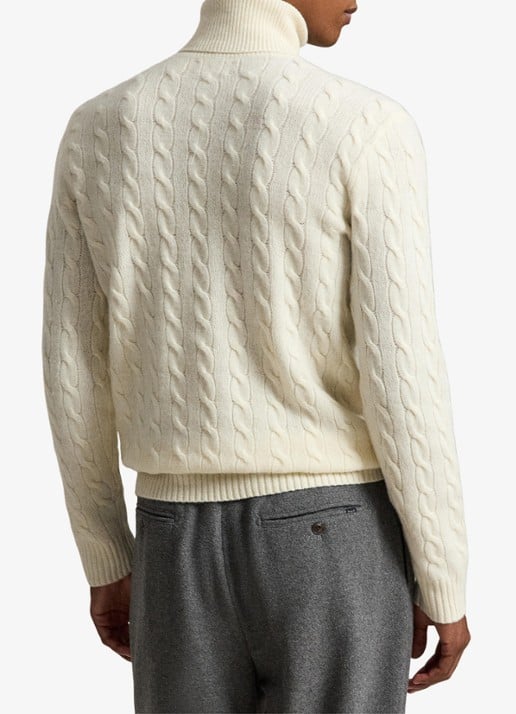 Ralph Lauren Kabelgebreide coltrui in kasjmierblend - achterkant 3 andover cream-34ty / crème