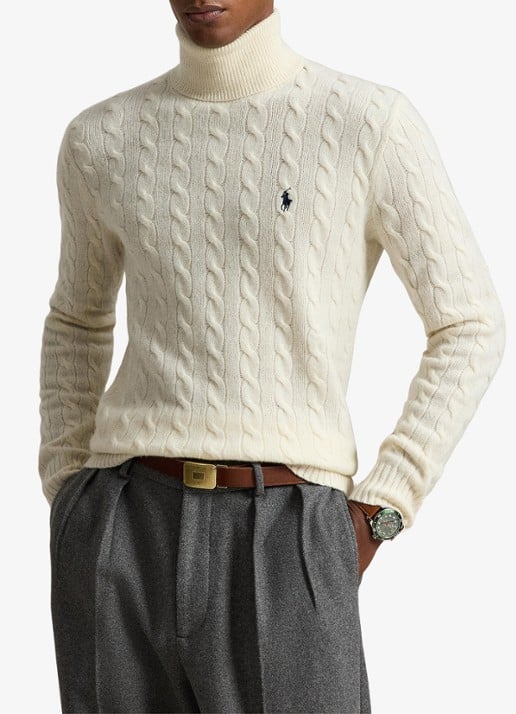 Ralph Lauren Kabelgebreide coltrui in kasjmierblend - voorkant 5 andover cream-34ty / crème