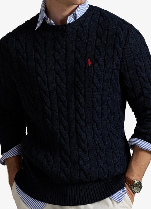Ralph Lauren Kabelgebreide katoenen trui - detail 2 hunter navy / blauw