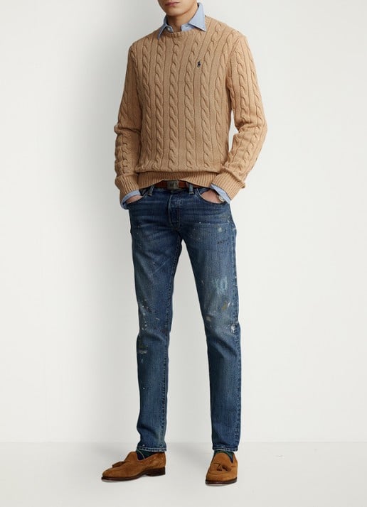 Ralph Lauren Kabelgebreide katoenen trui - voorkant 2 camel melange-2x88