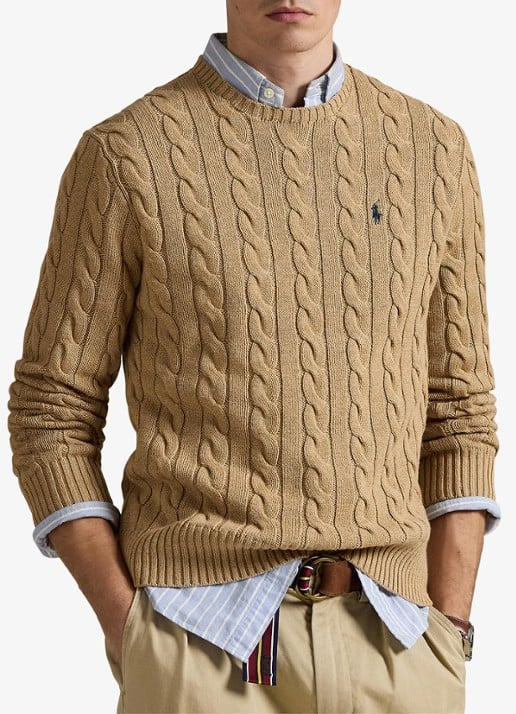 Ralph Lauren Kabelgebreide katoenen trui - detail 6 camel melange-2x88