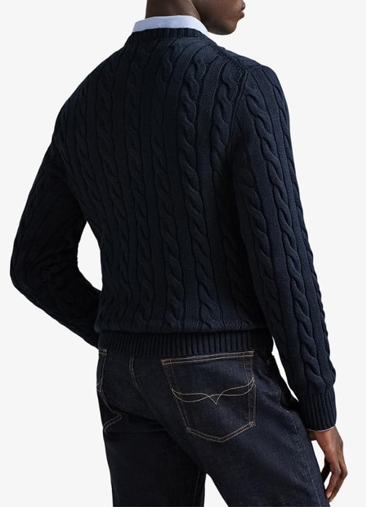 Ralph Lauren Kabelgebreide katoenen trui - achterkant 6 hunter navy / blauw