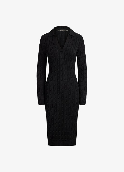 Ralph Lauren Kabelgebreide midi trui-jurk met kraag - voorkant zwart