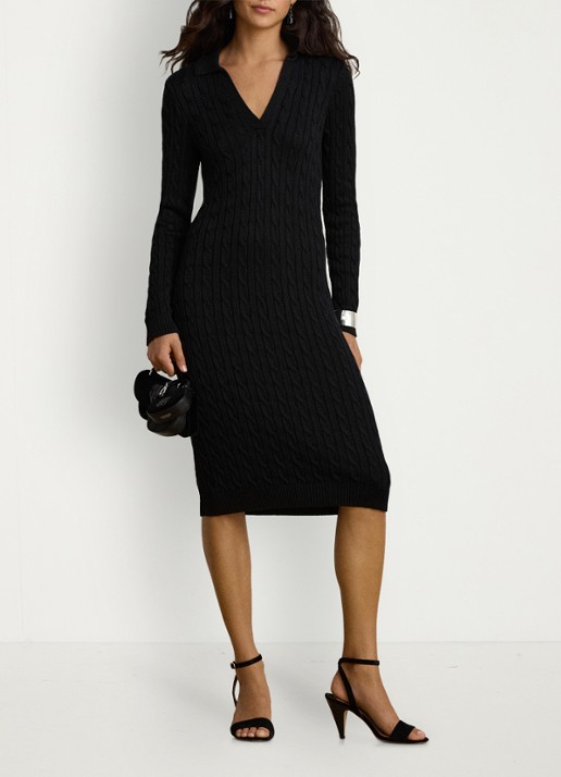 Ralph Lauren Kabelgebreide midi trui-jurk met kraag - voorkant 2 zwart