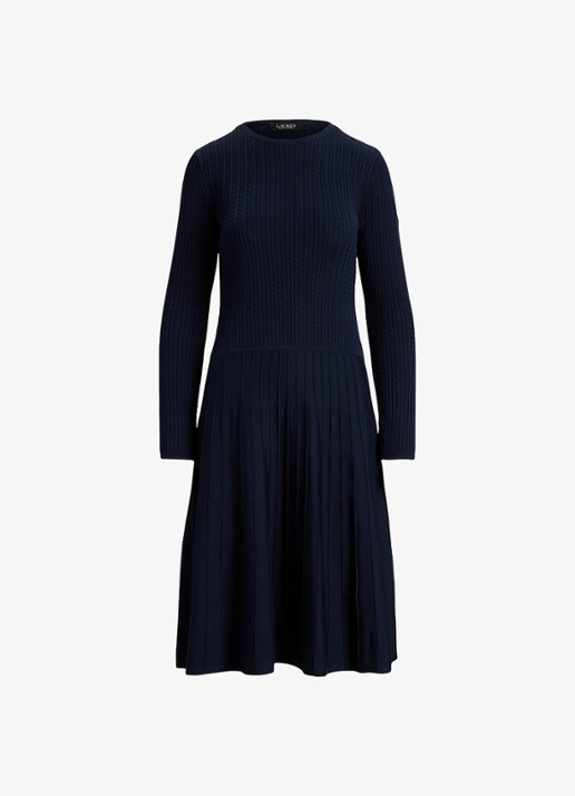Ralph Lauren Kabelgebreide midi trui-jurk met ronde hals - voorkant 4 lauren navy / blauw