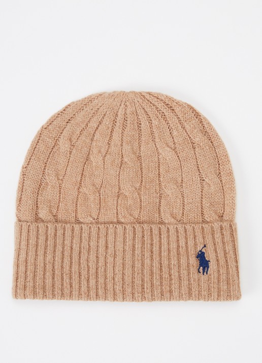 Ralph Lauren Kabelgebreide muts in kasjmierblend met logoborduring - voorkant camel