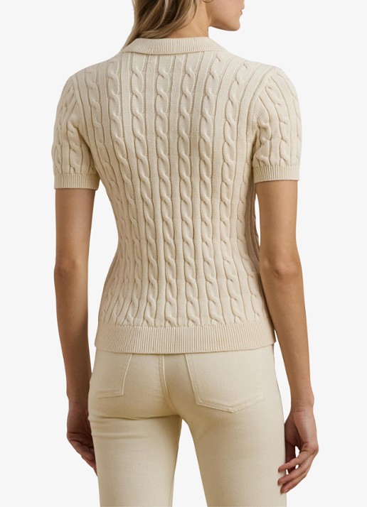 Ralph Lauren  Kabelgebreide polo met logoborduring - achterkant 6 mascarpone cream / beige