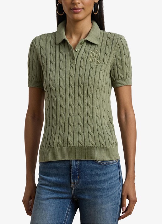 Ralph Lauren  Kabelgebreide polo met logoborduring - detail 3 sage green / groen