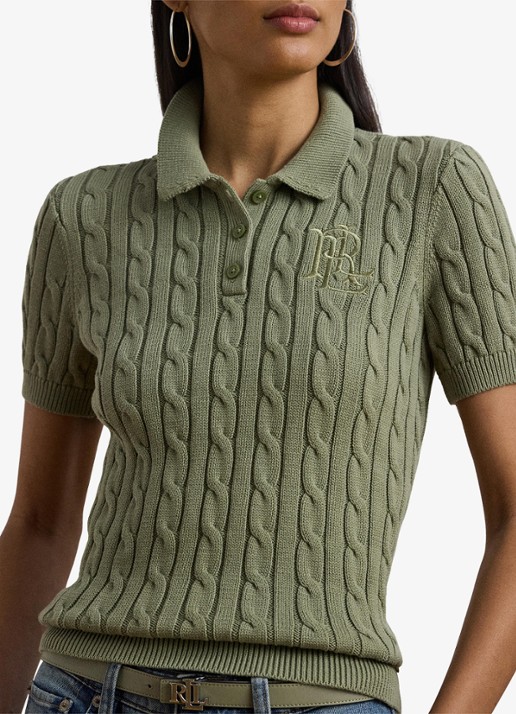 Ralph Lauren  Kabelgebreide polo met logoborduring - detail 4 sage green / groen