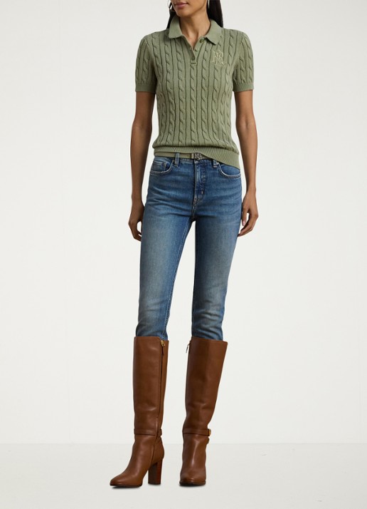 Ralph Lauren  Kabelgebreide polo met logoborduring - voorkant 2 sage green / groen
