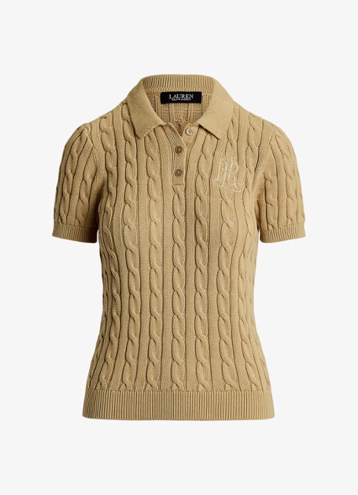 Ralph Lauren  Kabelgebreide polo met logoborduring - voorkant birch tan / beige