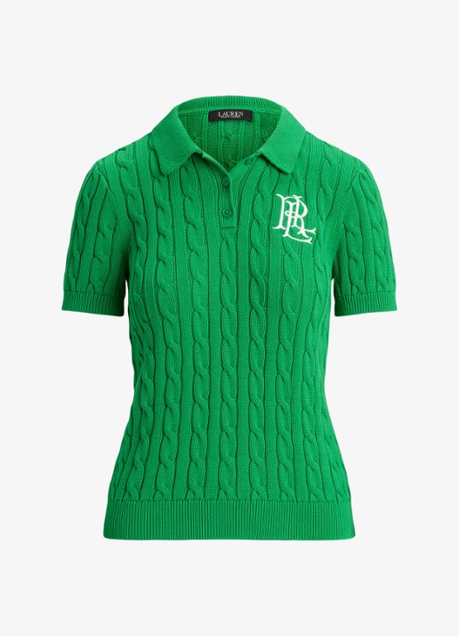 Ralph Lauren  Kabelgebreide polo met logoborduring - voorkant stem / groen