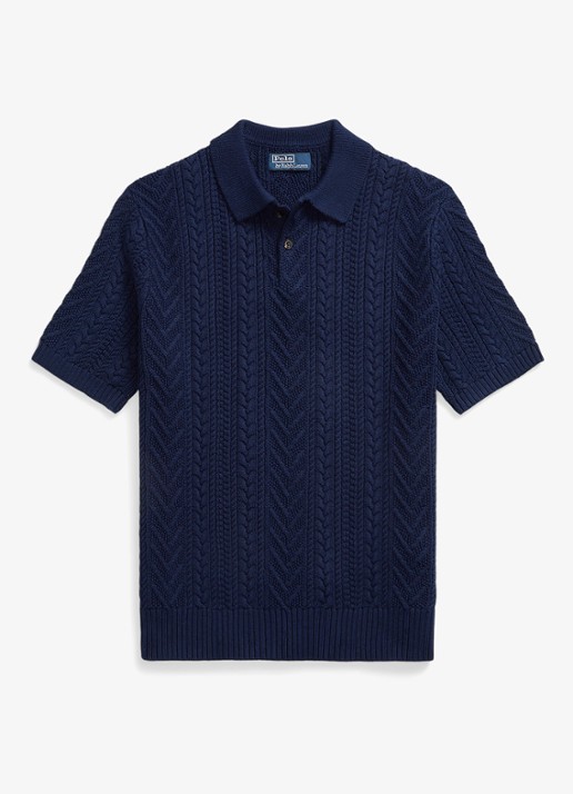 Ralph Lauren Kabelgebreide polo - voorkant 4 newport navy / donkerblauw