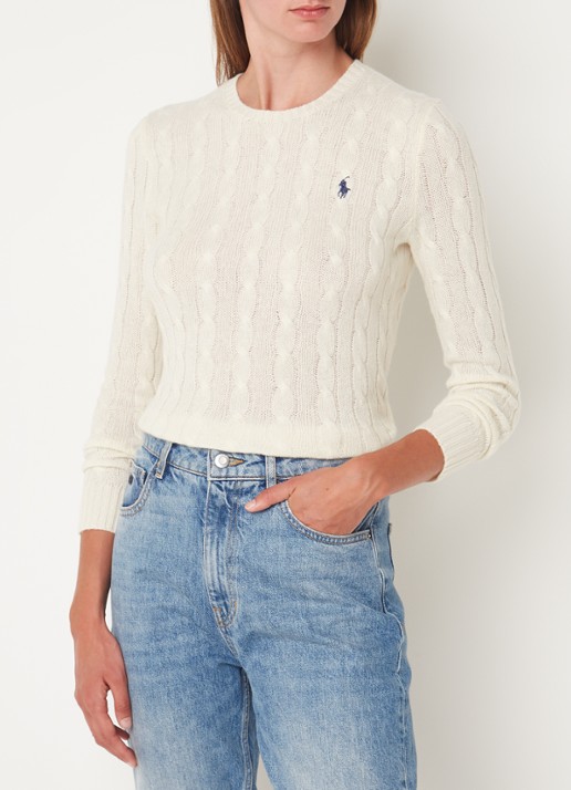 Ralph Lauren Kabelgebreide pullover in kasjmierblend met logoborduring - detail gebroken wit
