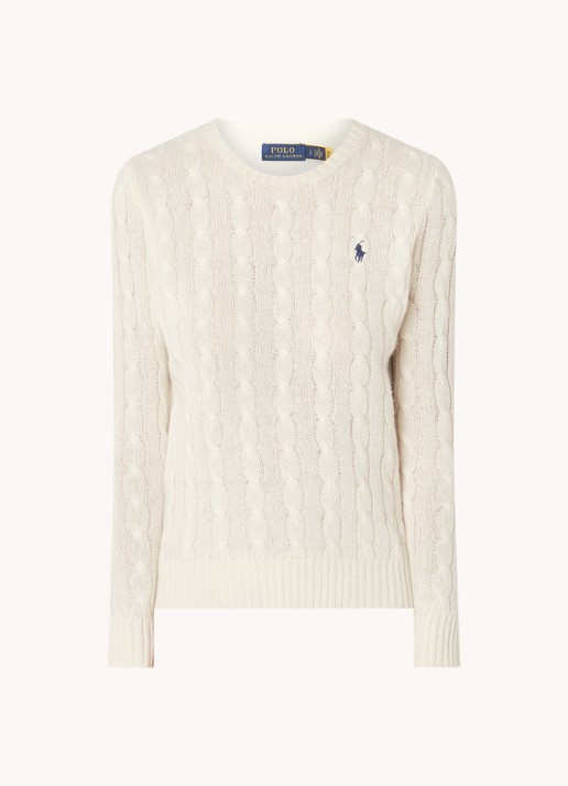 Ralph Lauren Kabelgebreide pullover in kasjmierblend met logoborduring - voorkant 3 gebroken wit