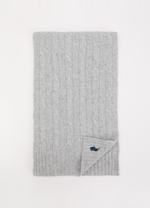 Ralph Lauren kabelgebreide sjaal in kasjmierblend 180 x 30 cm - voorkant grijsmele