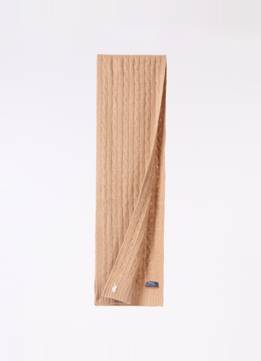 Ralph Lauren Kabelgebreide sjaal in kasjmierblend 183 x 27 cm - detail camel
