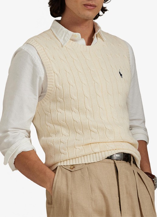 Ralph Lauren Kabelgebreide spencer met logo - voorkant 5 andover cream / crème