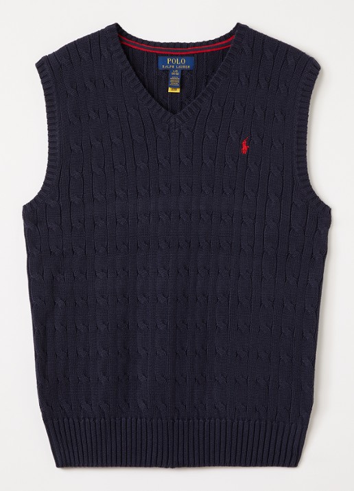 Ralph Lauren Kabelgebreide spencer met logoborduring - voorkant donkerblauw