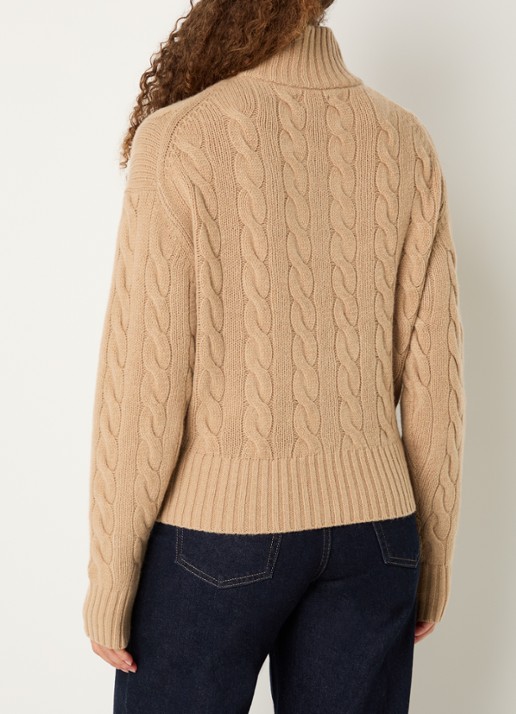 Ralph Lauren Kabelgebreide trui in kasjmierblend met halve rits en logoborduring - achterkant camel