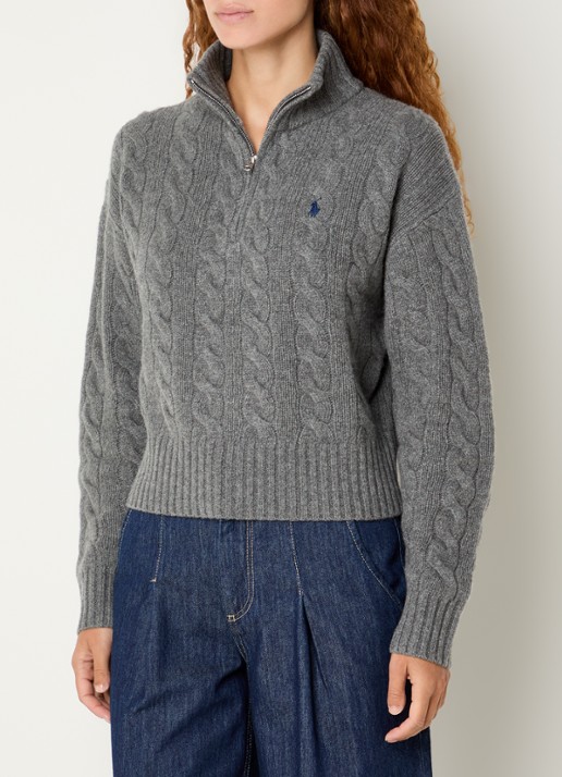 Ralph Lauren Kabelgebreide trui in kasjmierblend met halve rits - detail 2 middengrijs