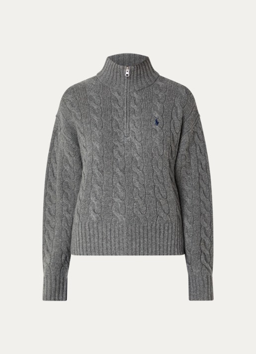 Ralph Lauren Kabelgebreide trui in kasjmierblend met halve rits - voorkant 3 middengrijs