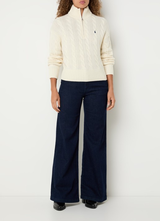 Ralph Lauren Kabelgebreide trui in kasjmierblend met halve rits - voorkant 4 gebroken wit