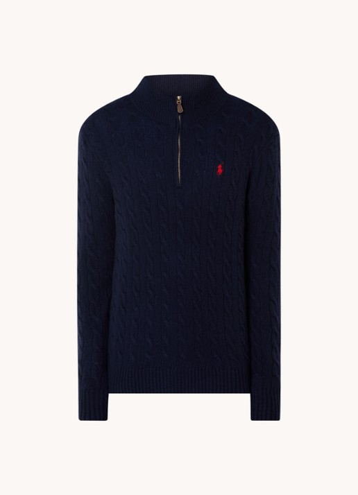 Ralph Lauren Kabelgebreide trui in kasjmierblend met halve rits - voorkant 6 donkerblauw