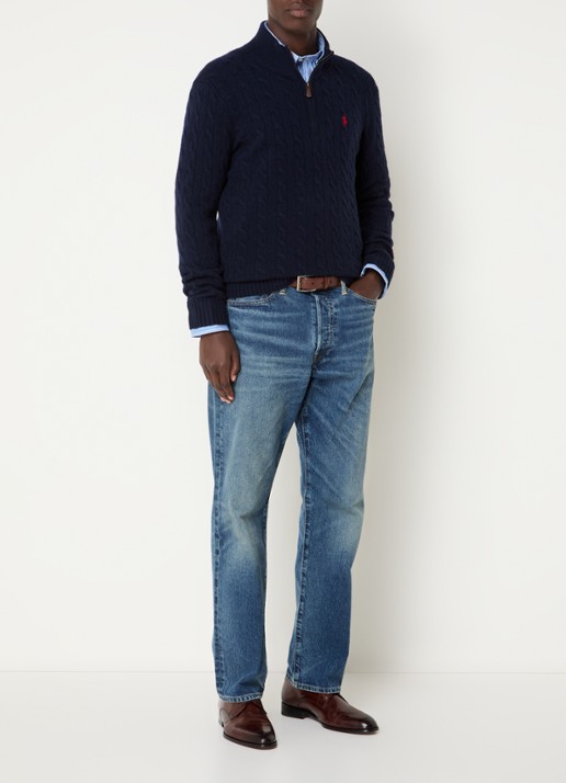 Ralph Lauren Kabelgebreide trui in kasjmierblend met halve rits - voorkant 7 donkerblauw