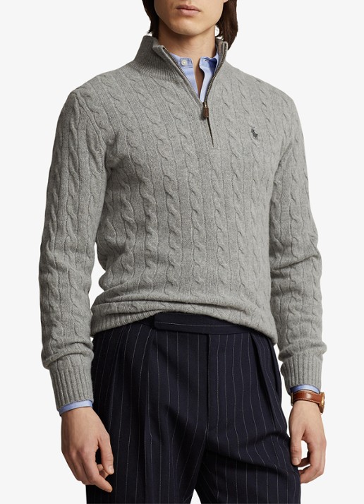Ralph Lauren Kabelgebreide trui in kasjmierblend met halve rits - detail grijs
