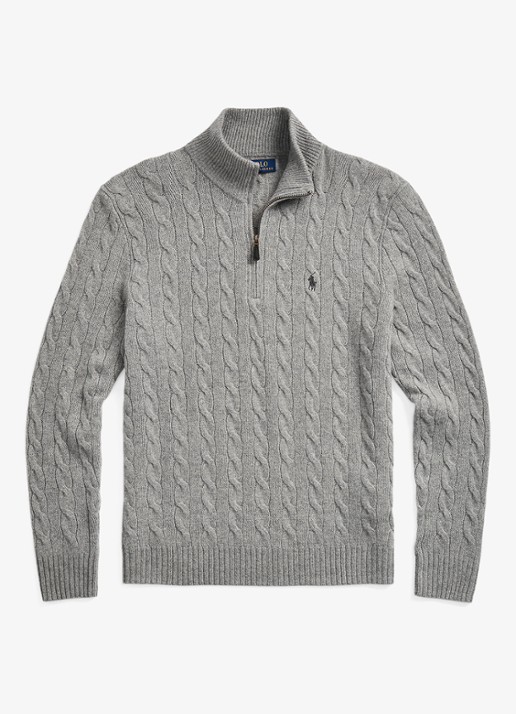 Ralph Lauren Kabelgebreide trui in kasjmierblend met halve rits - voorkant 4 grijs